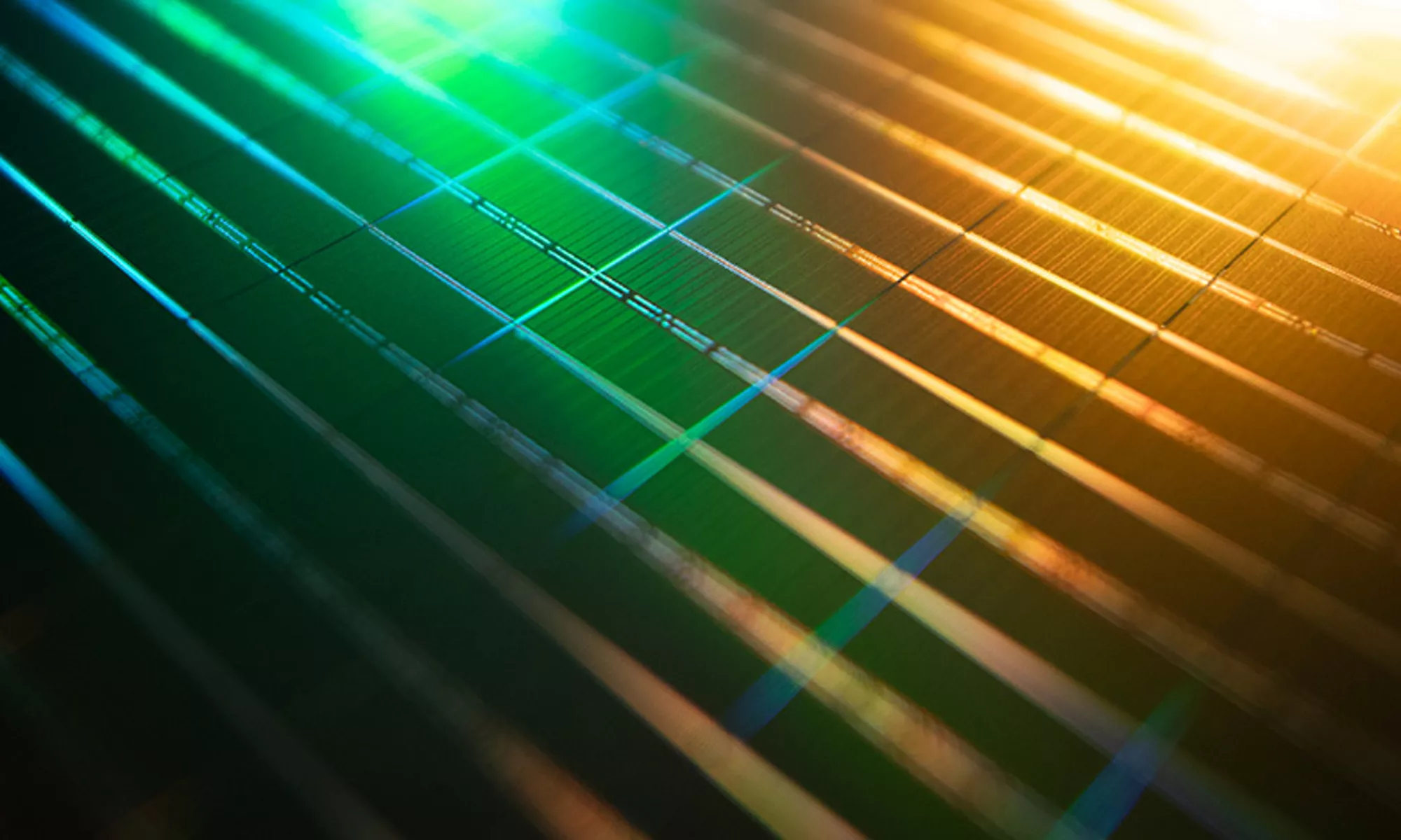 以金色和綠色晶圓為背景的 DDR5 SDRAM 模組