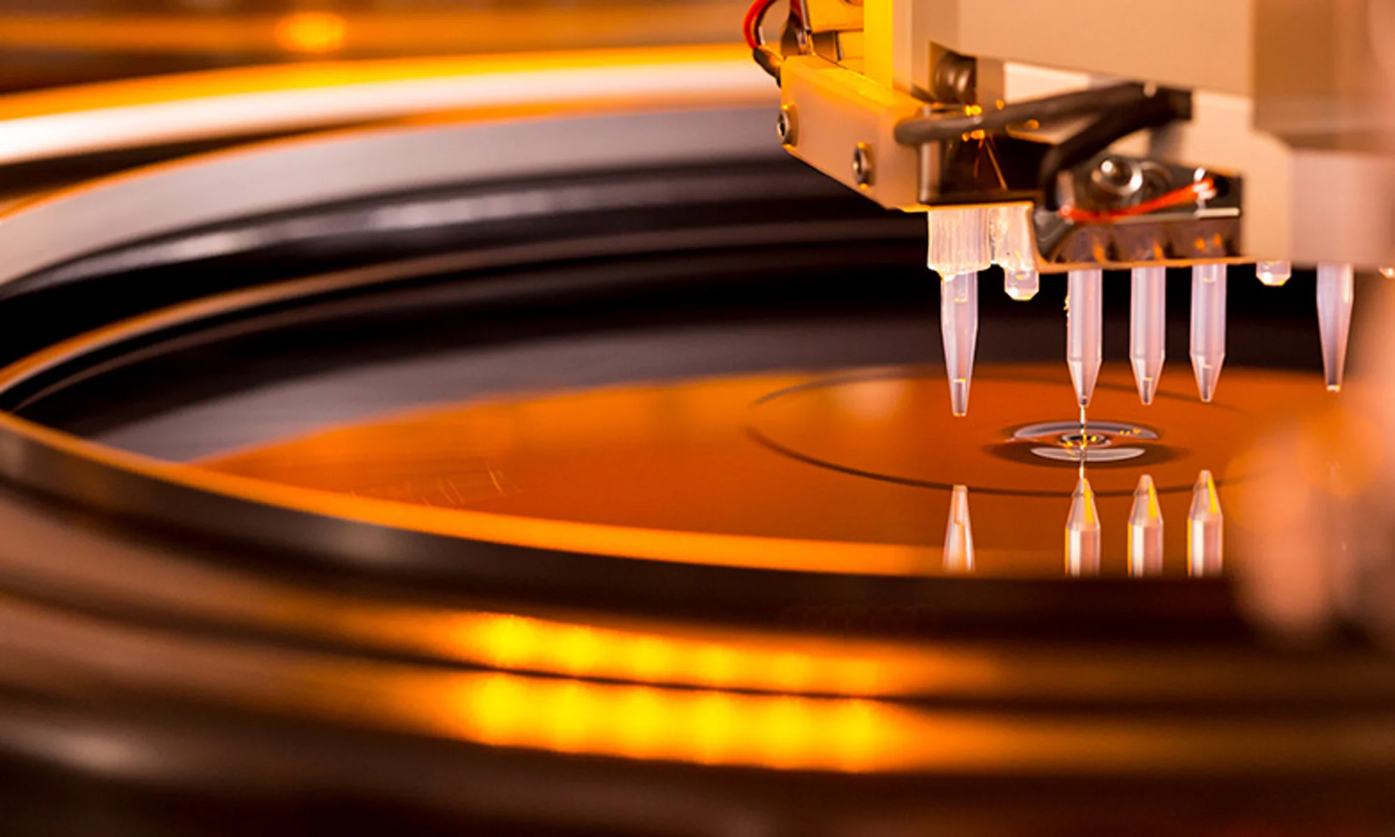 晶圓特寫，表面反射出綠色和金色的光線