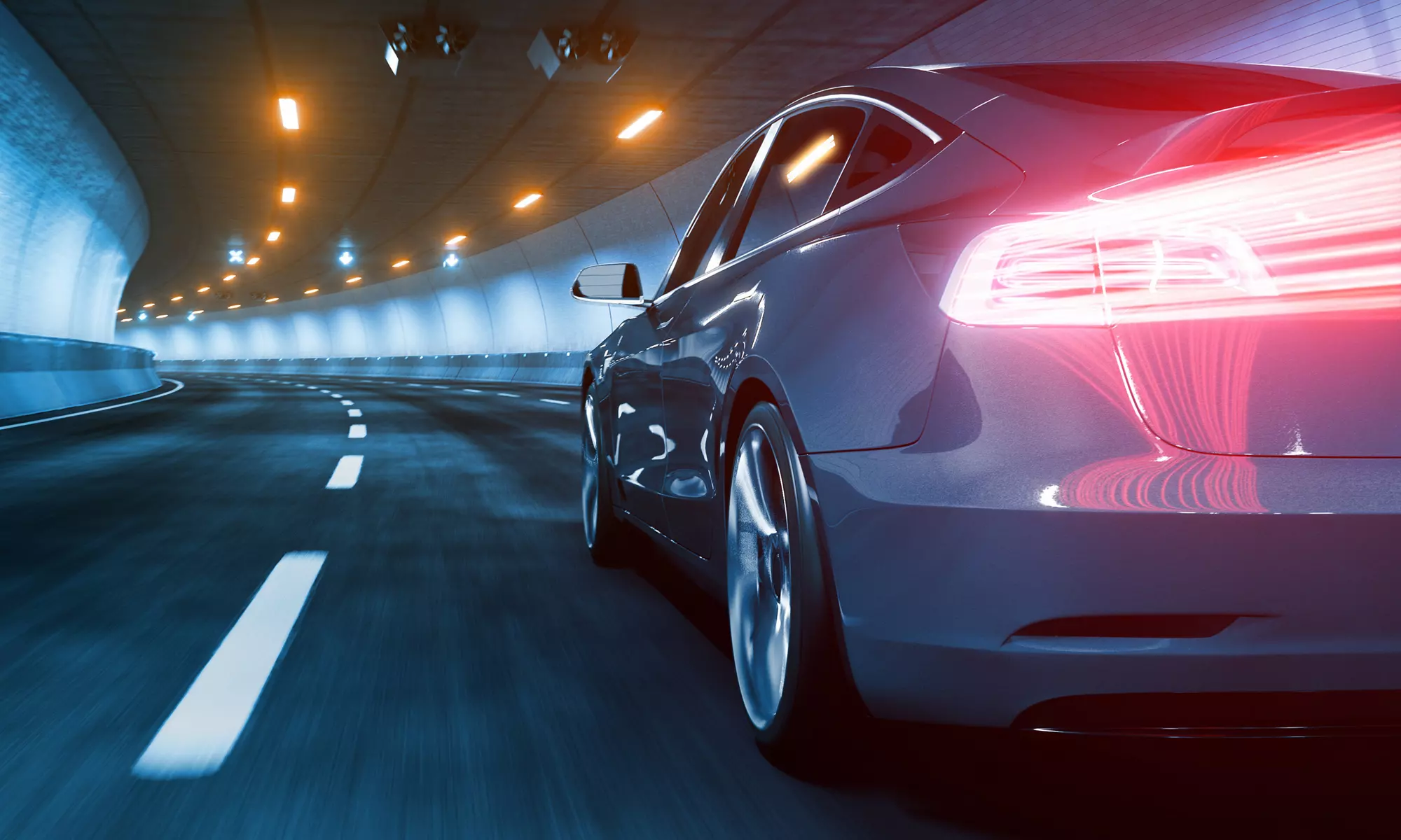 插電的電動車，搭配發光和動態模糊和紅色燈光軌跡 3D 效果圖