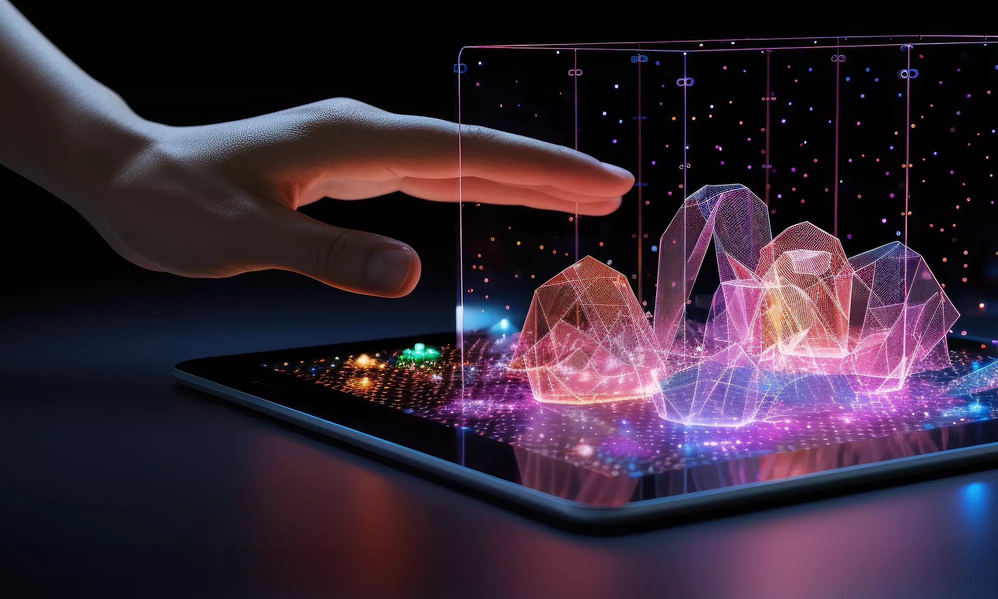 黑暗的房間內，手懸停於筆記型電腦生成的 3D 圖像上方