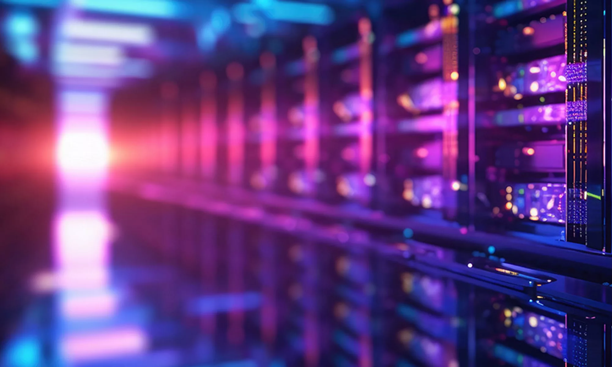 在粉色和藍色霓虹燈照耀下的資料中心