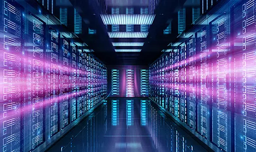 Servers data center room with bright speed light going through the corridor 3D rendering