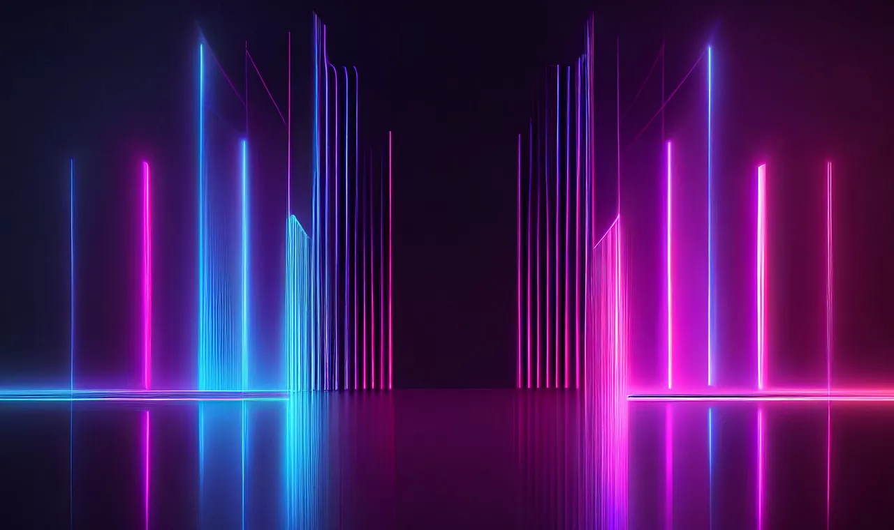 退至背景的粉色和藍色發光條和線條的 3D 抽象渲染圖