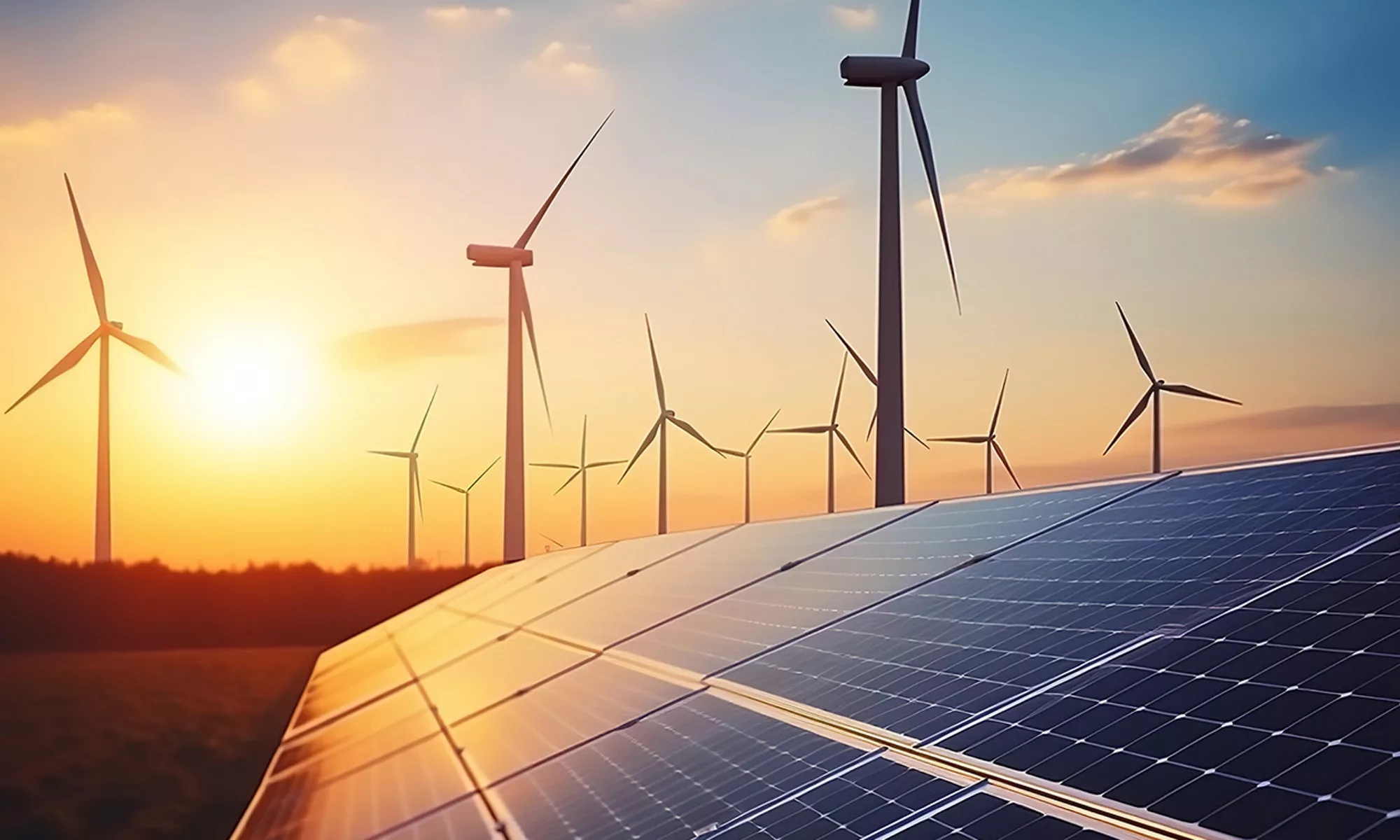 太陽能板及背景的風車和夕陽